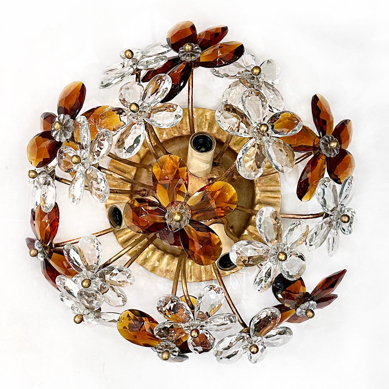 A set of six French circa 1940's crystal flush mounted light fixture with clear and amber flowers. Sold individually.

Measurements:
Diameter: 13
