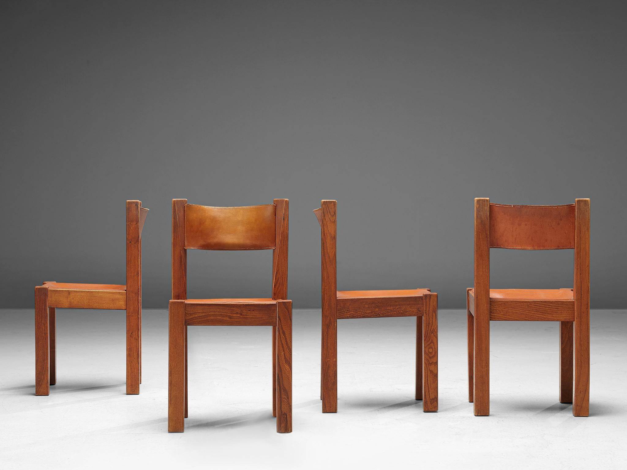 Mid-Century Modern Set of French Dining Chairs in Cognac Leather