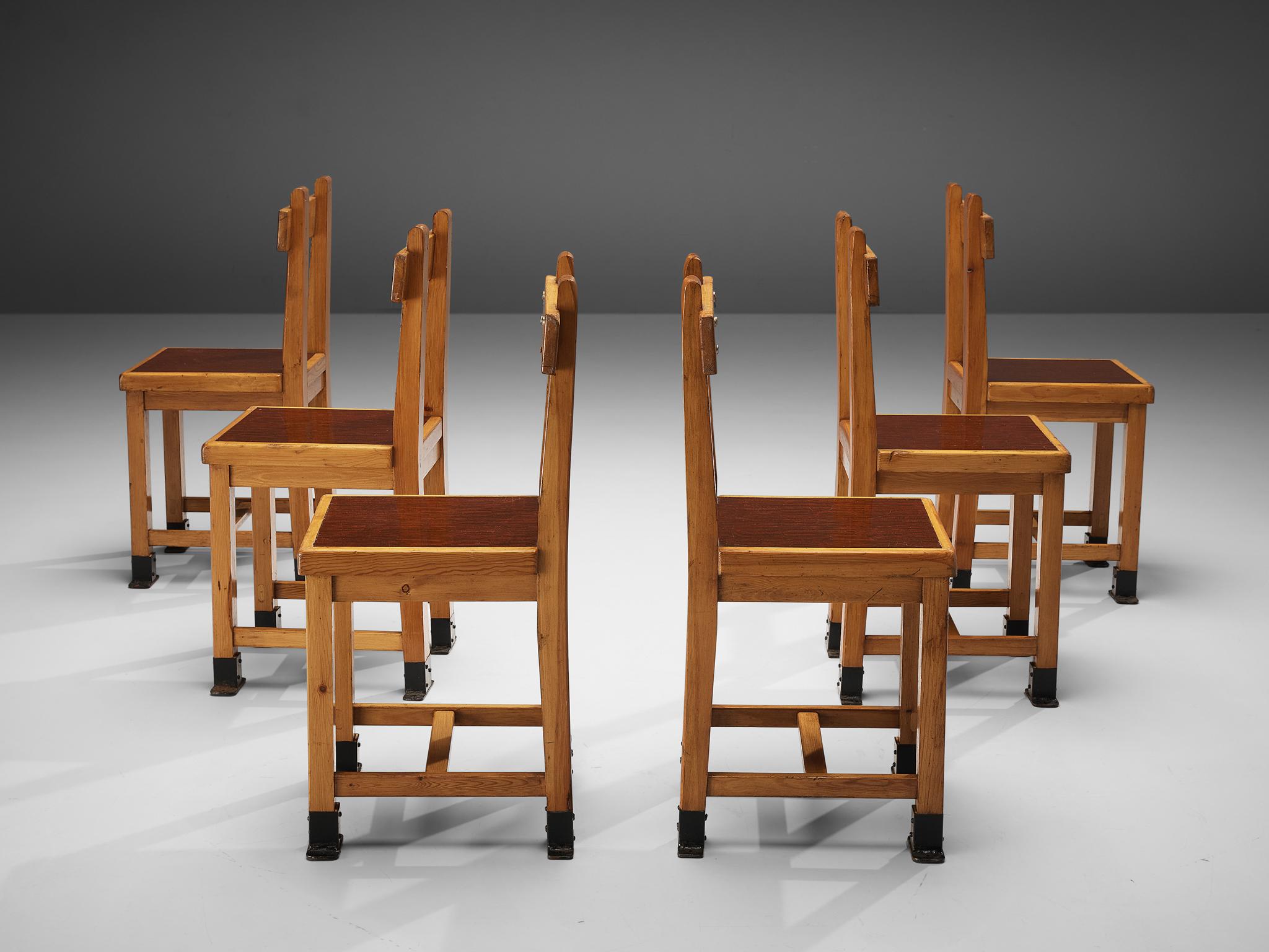 Mid-20th Century Set of French Dining Chairs in Pine with Metal Feet