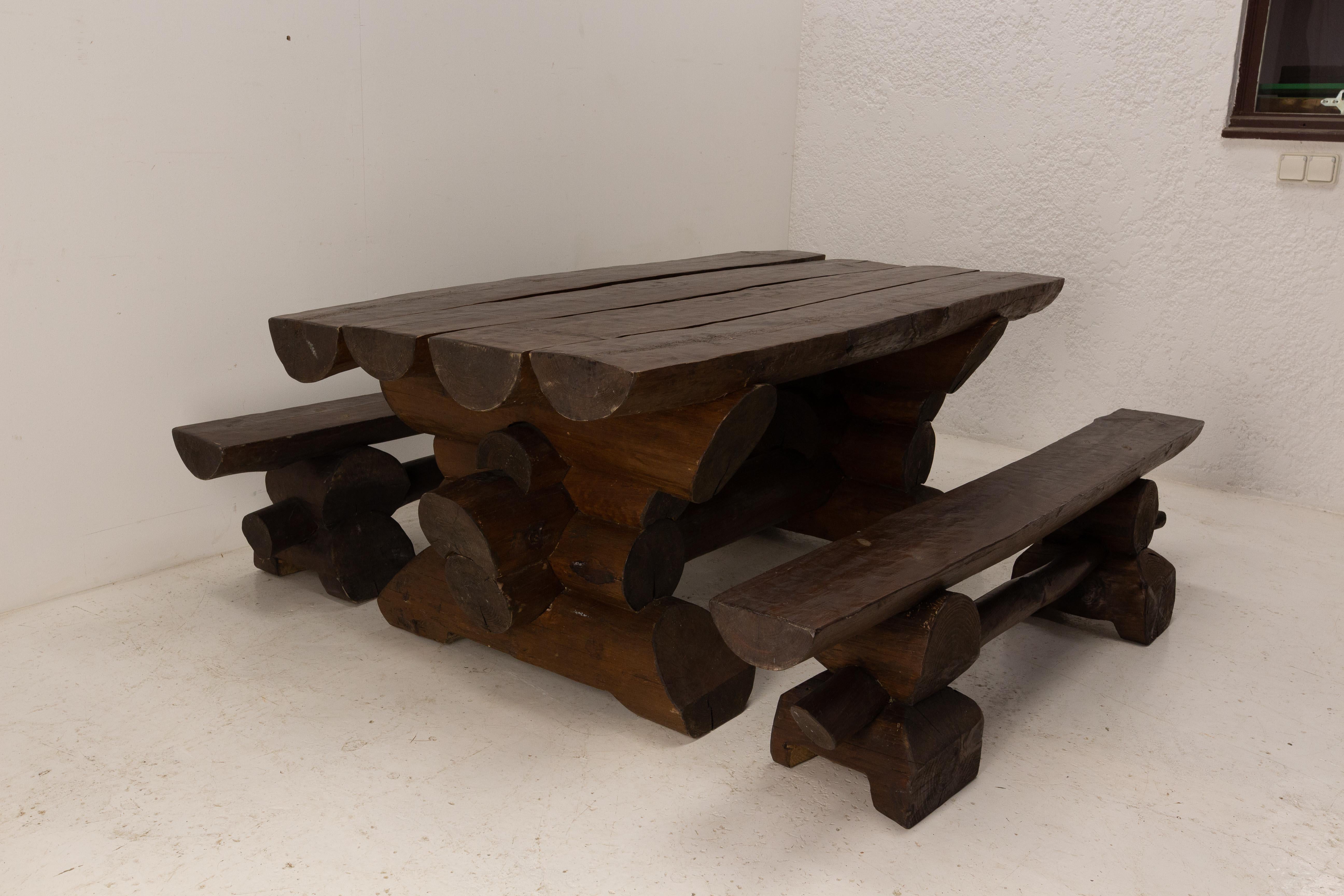 Set of French Dining Table with Benches Brutalist or Swiss Alp Style, 2000 In Good Condition In Labrit, Landes