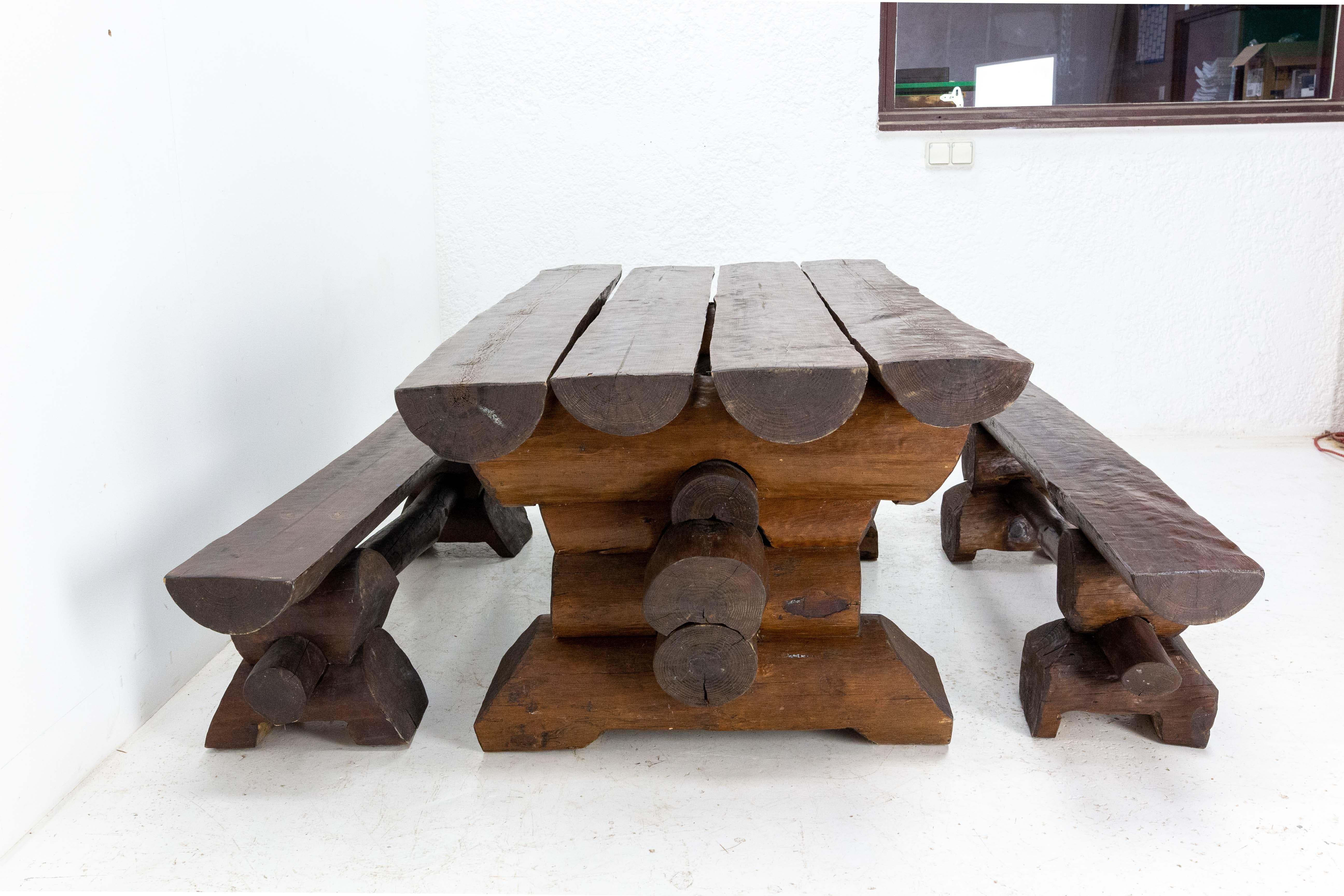 Contemporary Set of French Dining Table with Benches Brutalist or Swiss Alp Style, 2000