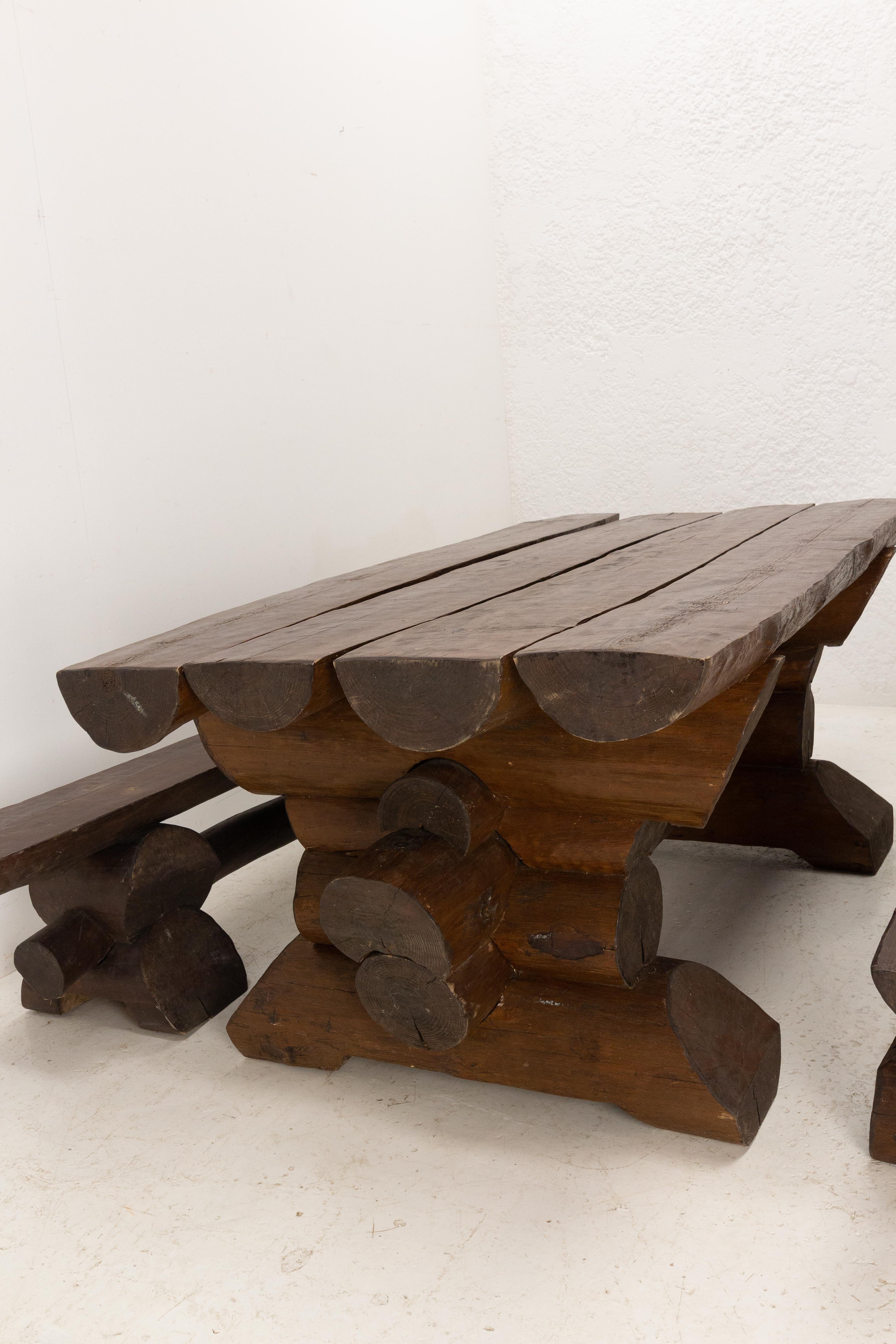 Pine Set of French Dining Table with Benches Brutalist or Swiss Alp Style, 2000
