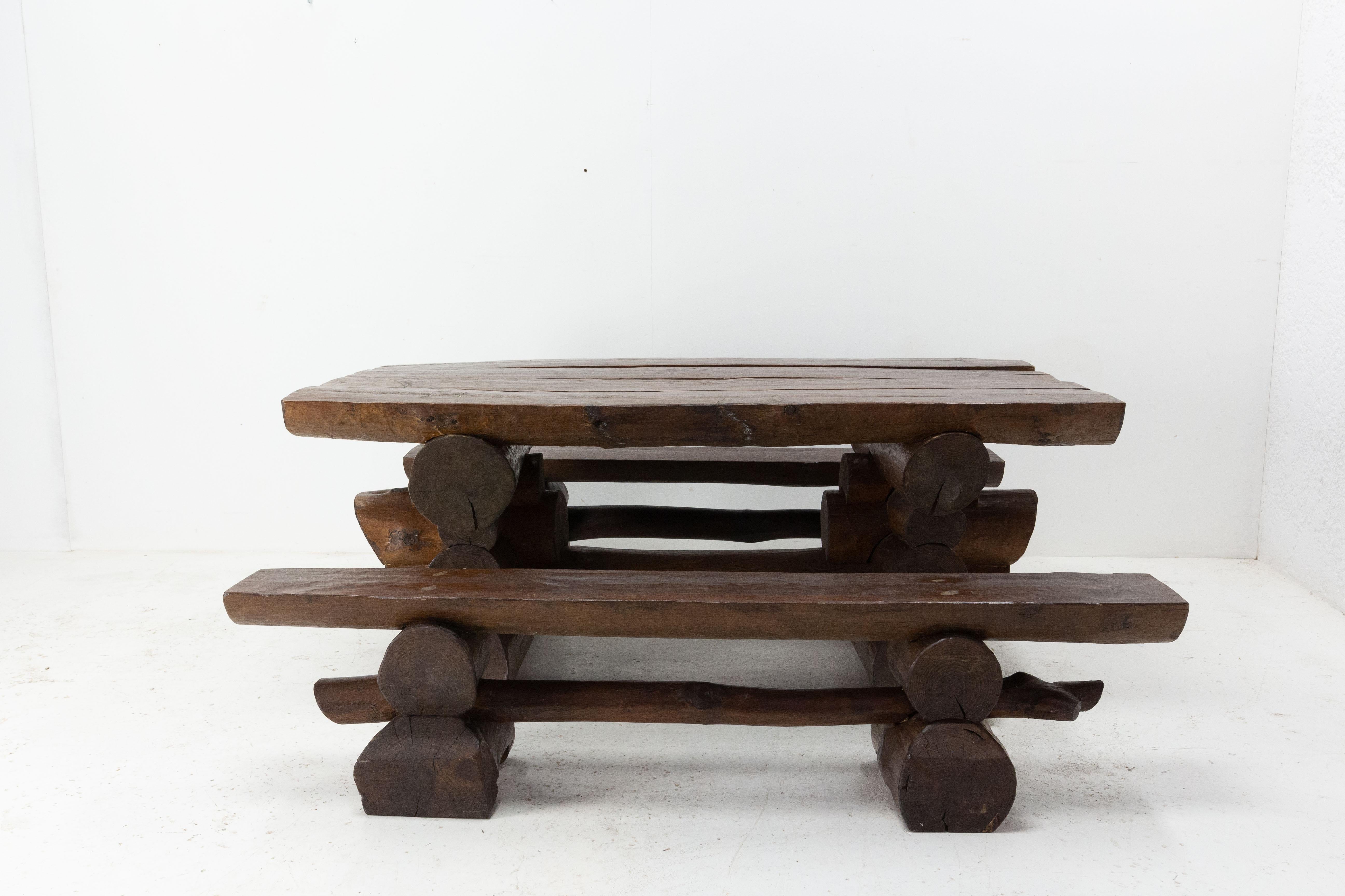 Set of French Dining Table with Benches Brutalist or Swiss Alp Style, 2000 1