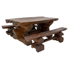Set of French Dining Table with Benches Brutalist or Swiss Alp Style, 2000