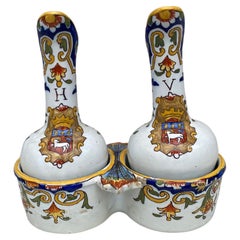 Set of French Faience Oil & Vinegar Pitcher & Holder Desvres