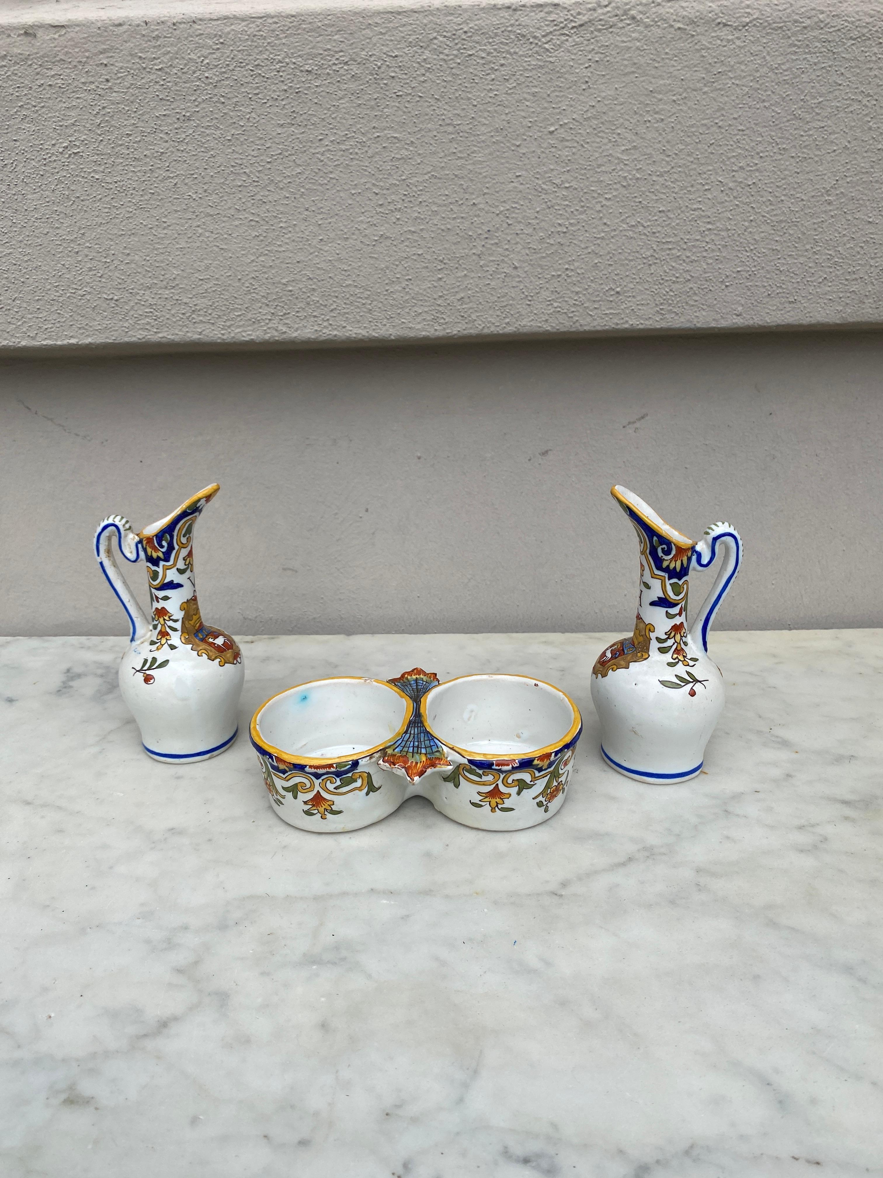 Rustic Set of French Faience Oil & Vinegar Pitcher & Holder Desvres For Sale