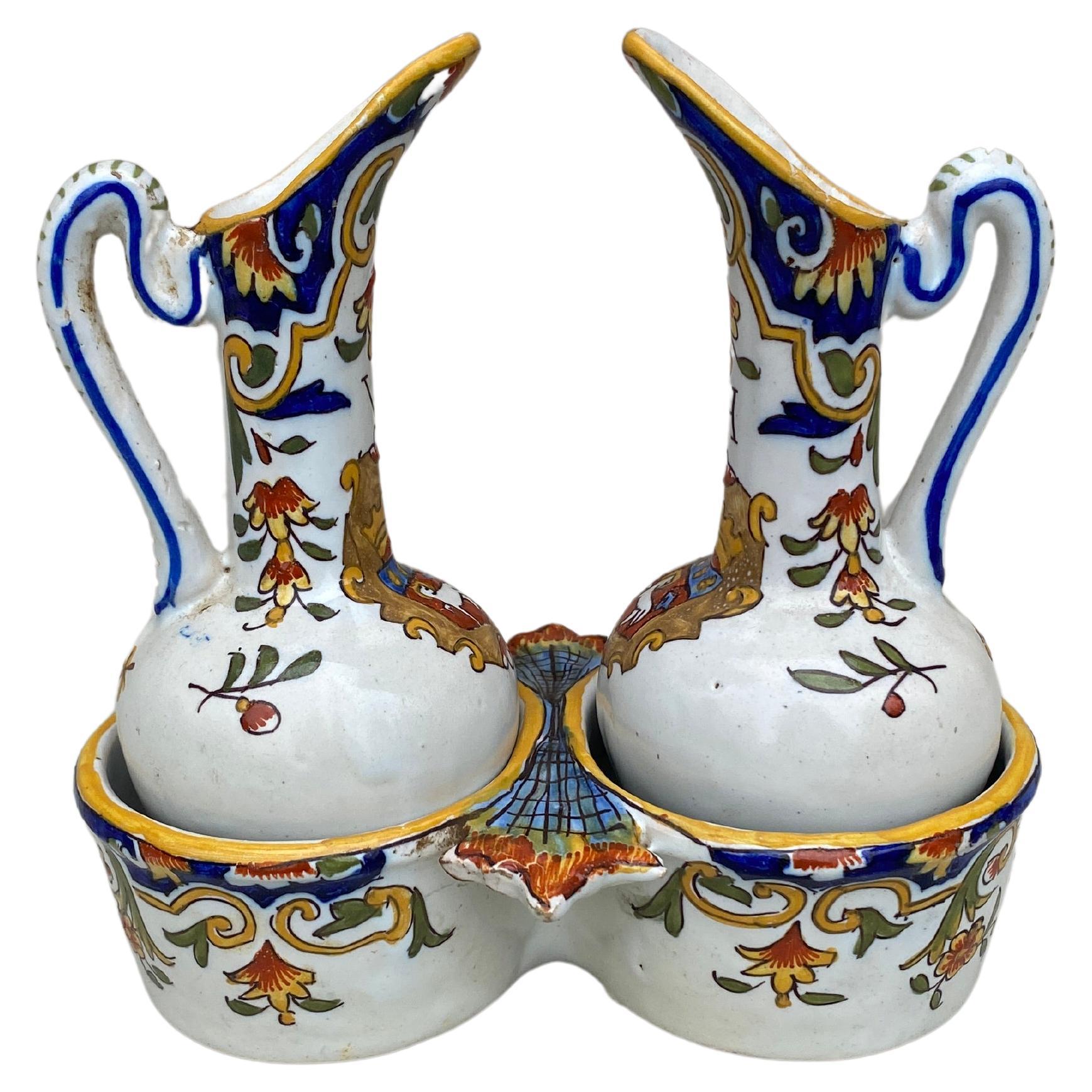 Set of French Faience Oil & Vinegar Pitcher & Holder Desvres For Sale