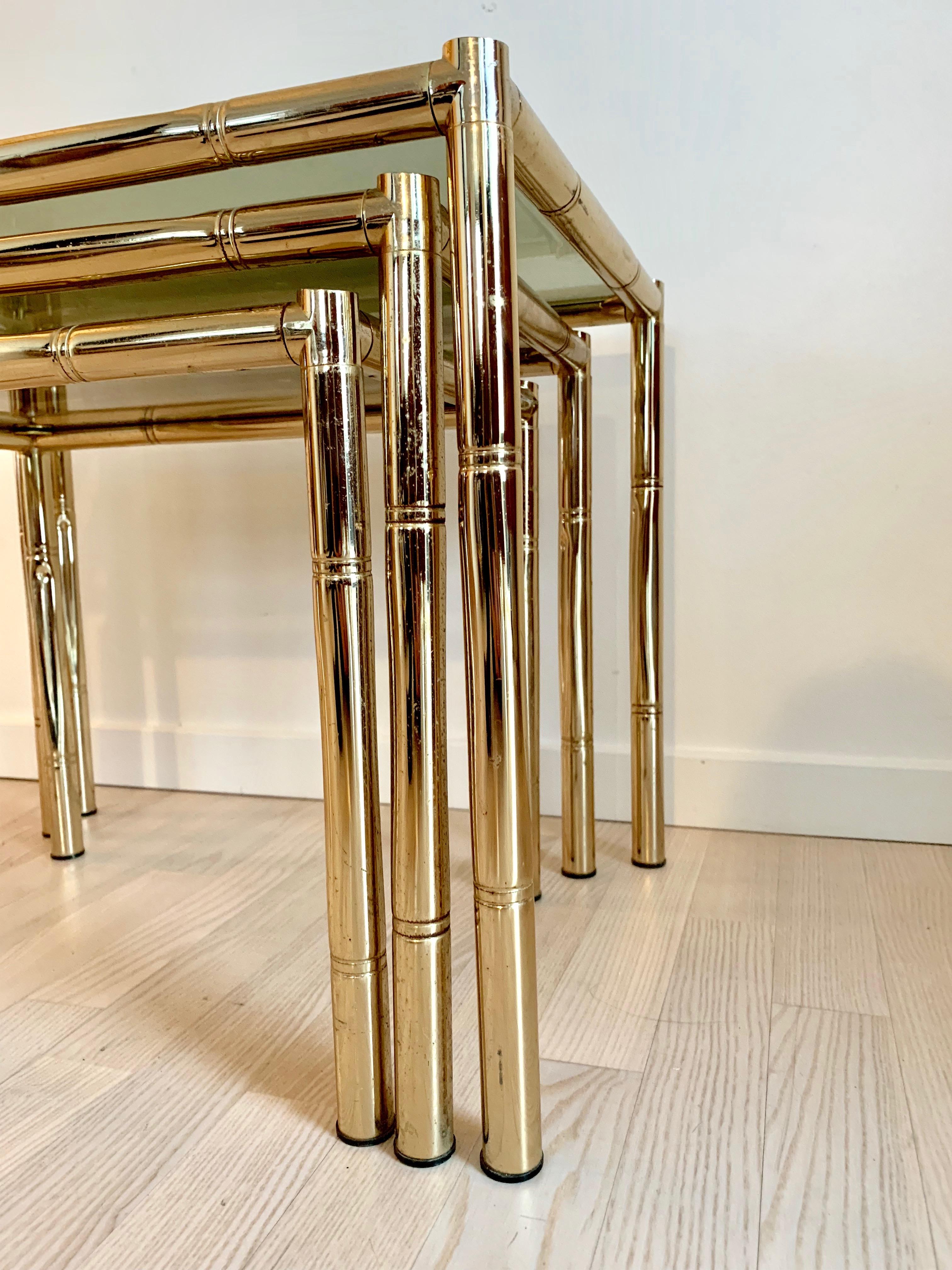 Set of French Faux Bamboo Brass Nesting Tables, 1960s 1