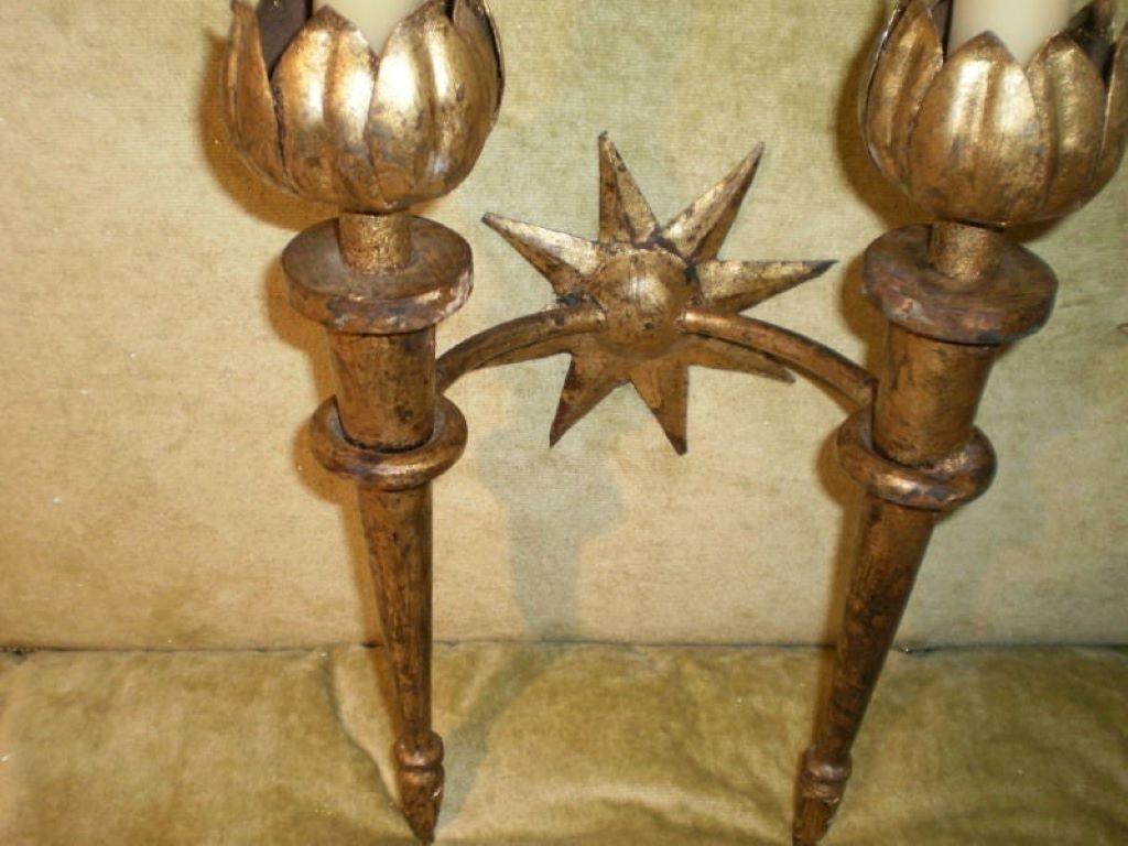 Hollywood Regency Set of French Gilt Iron Sconces After Gilbert Poillerat For Sale