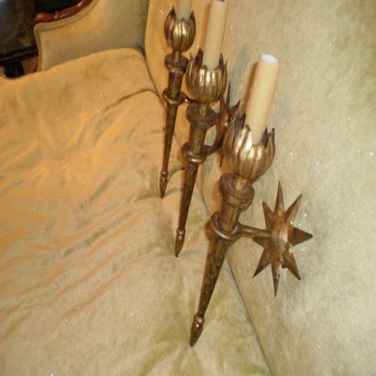 Mid-20th Century Set of French Gilt Iron Sconces After Gilbert Poillerat For Sale