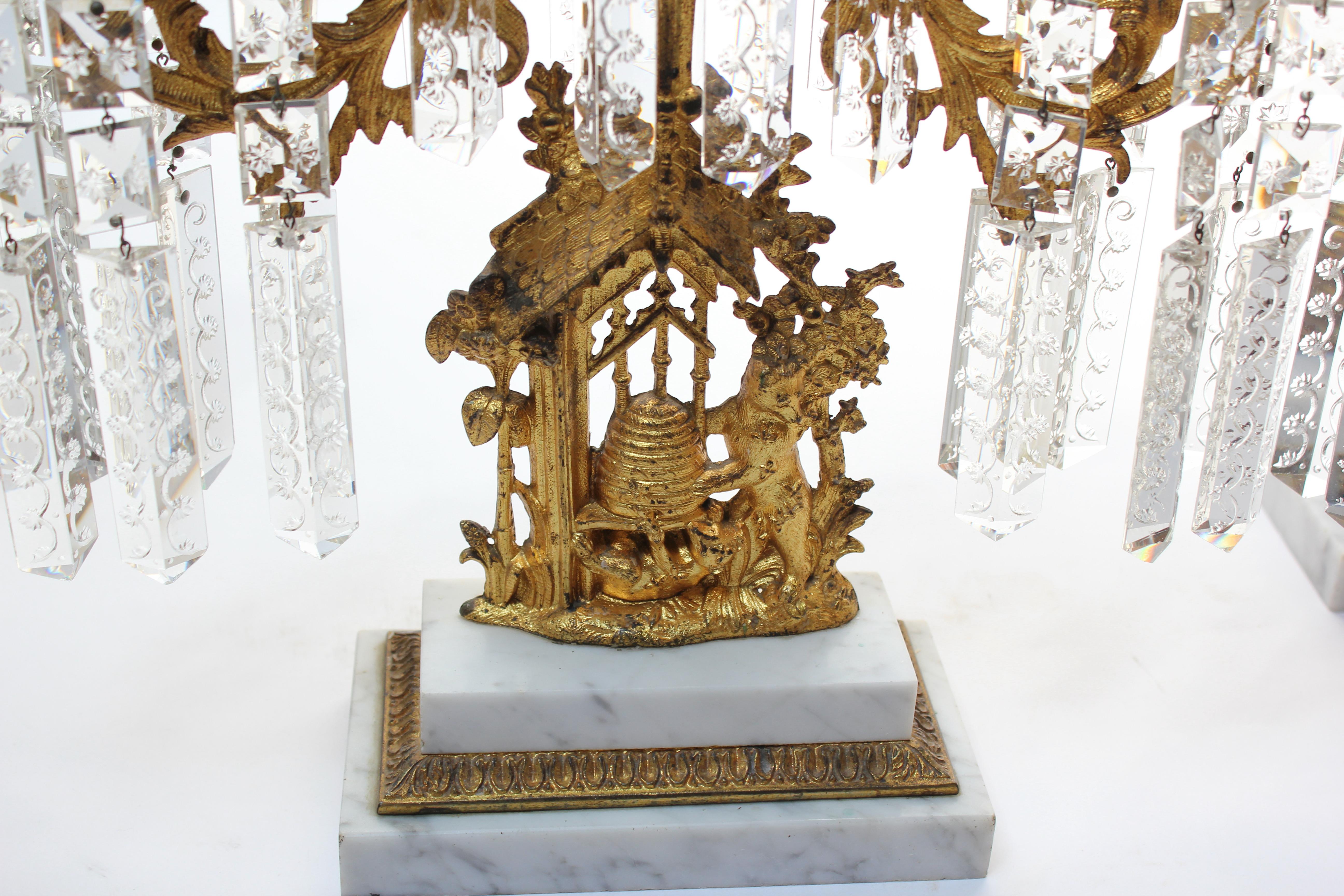 Set of French Gilt Metal and Crystal Girandole Candelabra with Bear Motif  For Sale 6