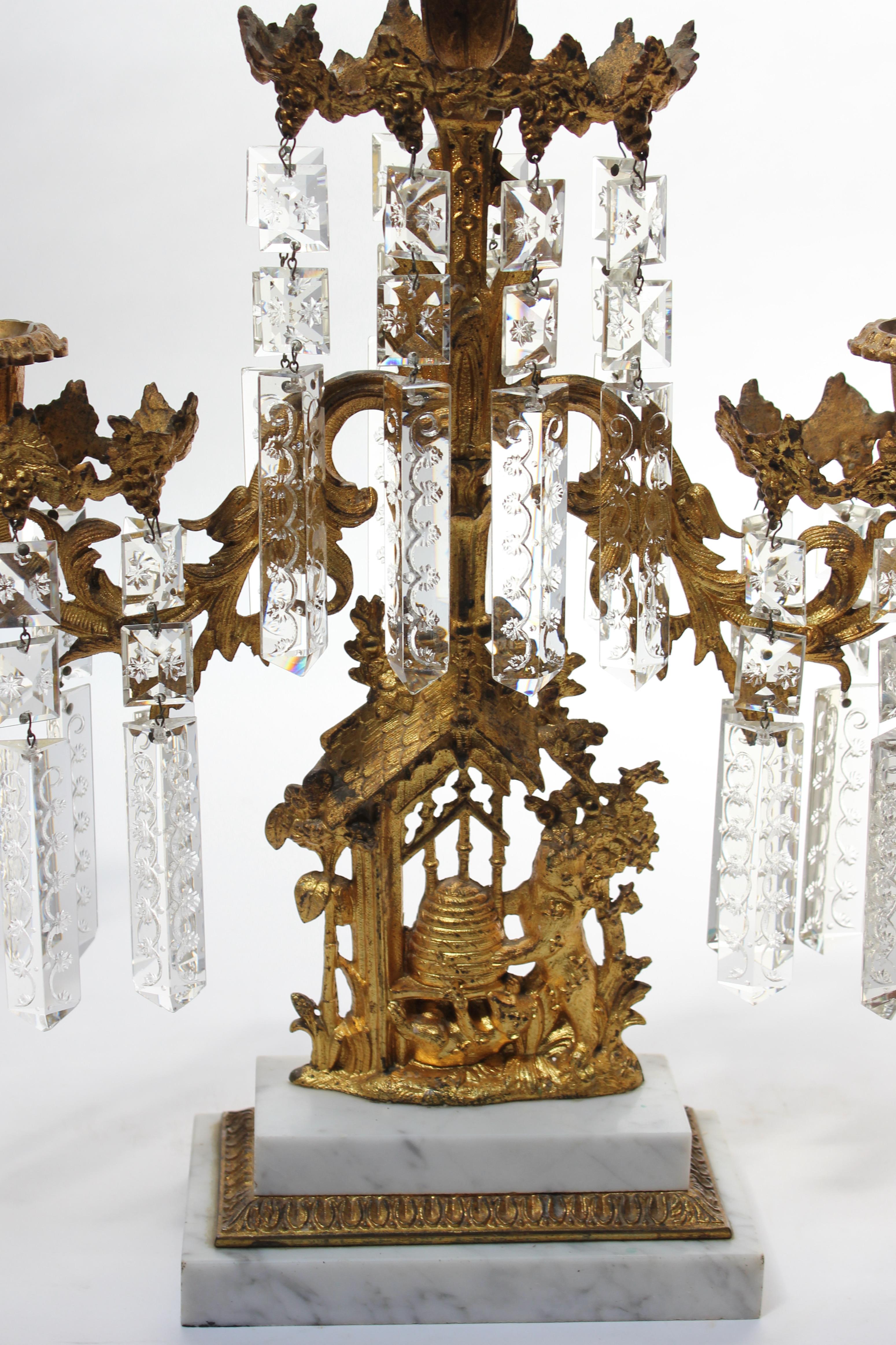 Rococo Set of French Gilt Metal and Crystal Girandole Candelabra with Bear Motif  For Sale