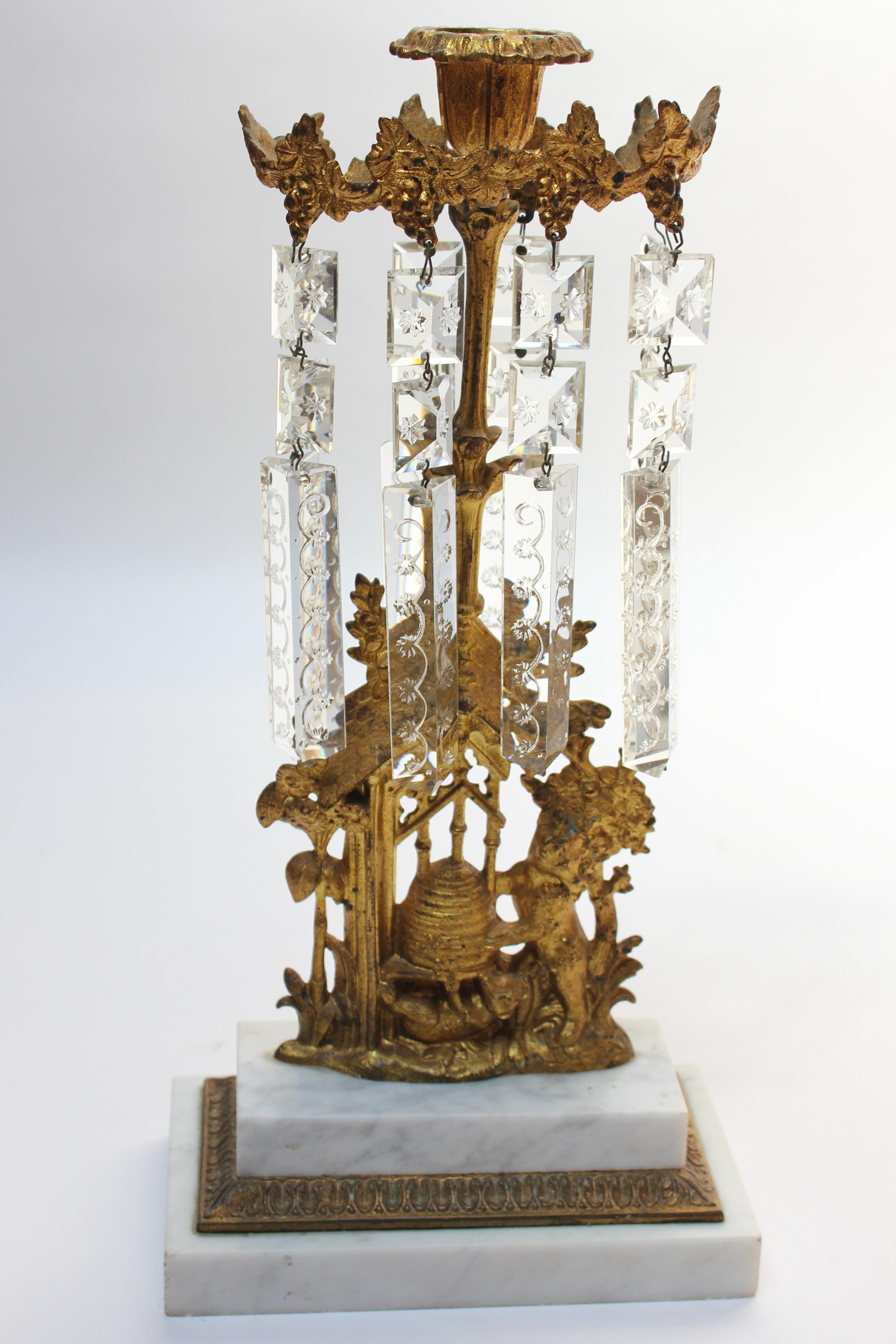 Set of French Gilt Metal and Crystal Girandole Candelabra with Bear Motif  In Good Condition For Sale In Brooklyn, NY