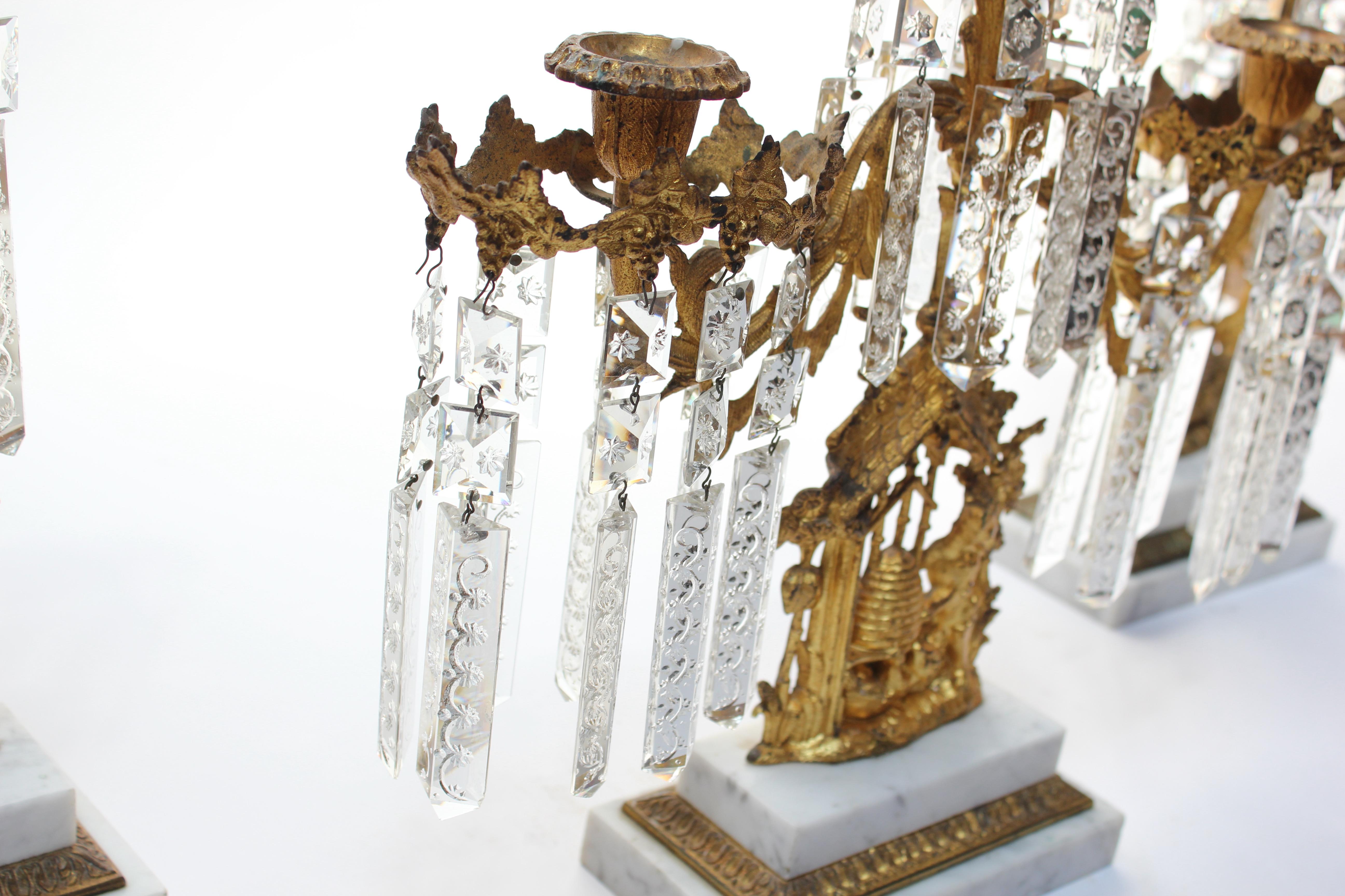 Late 19th Century Set of French Gilt Metal and Crystal Girandole Candelabra with Bear Motif  For Sale