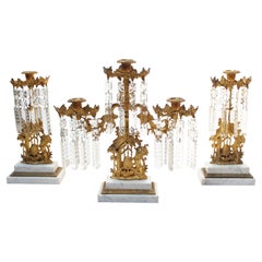 Set of French Gilt Metal and Crystal Girandole Candelabra with Bear Motif