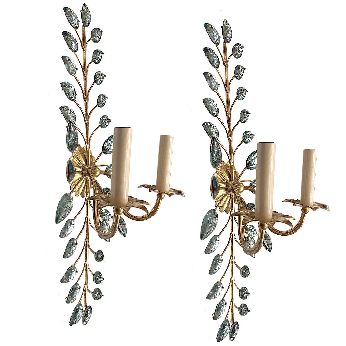 Set of four French circa 1940's gilt metal two-arm sconces with molded glass leaves. Sold per pair.

Measurements:
Height: 24
