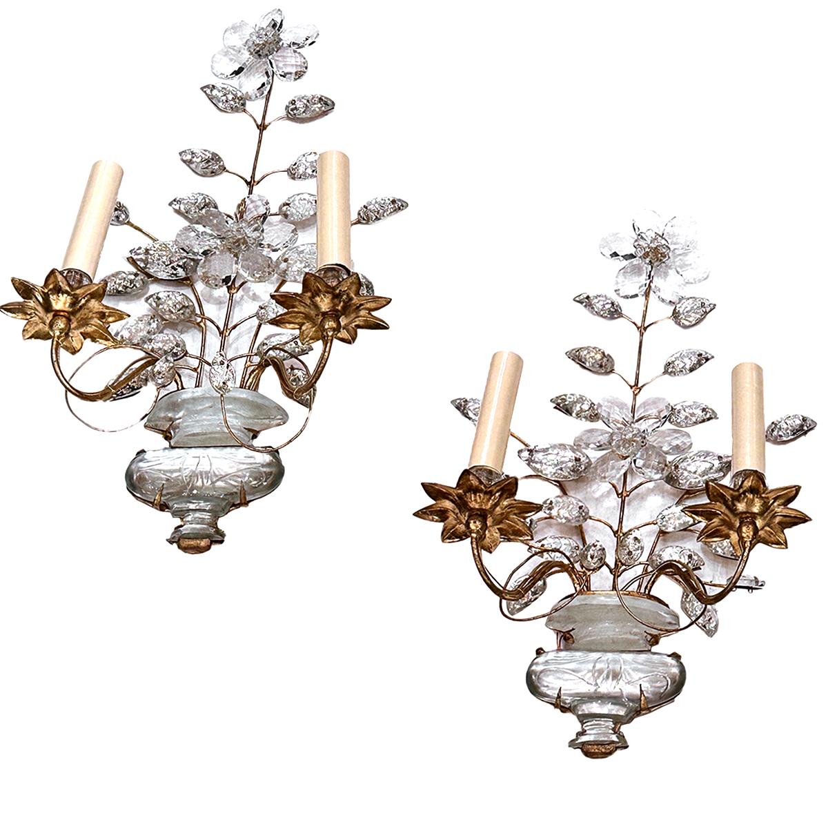 A set of circa 1940's French two-arm gilt metal sconces with molded glass leaves and flowers. Sold per pair.

Measurements:
Height: 18