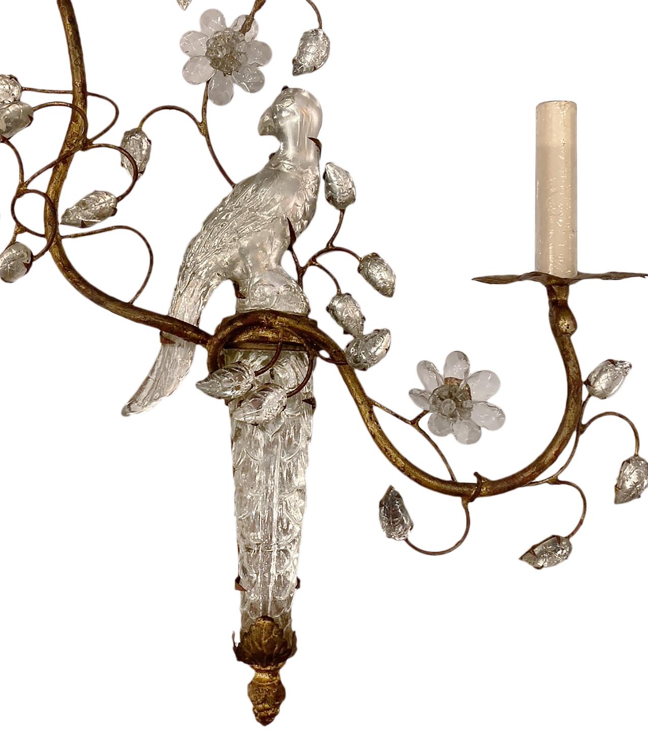 Set of French Gilt Metal Sconces with Glass Birds, Sold Per Pair In Good Condition For Sale In New York, NY