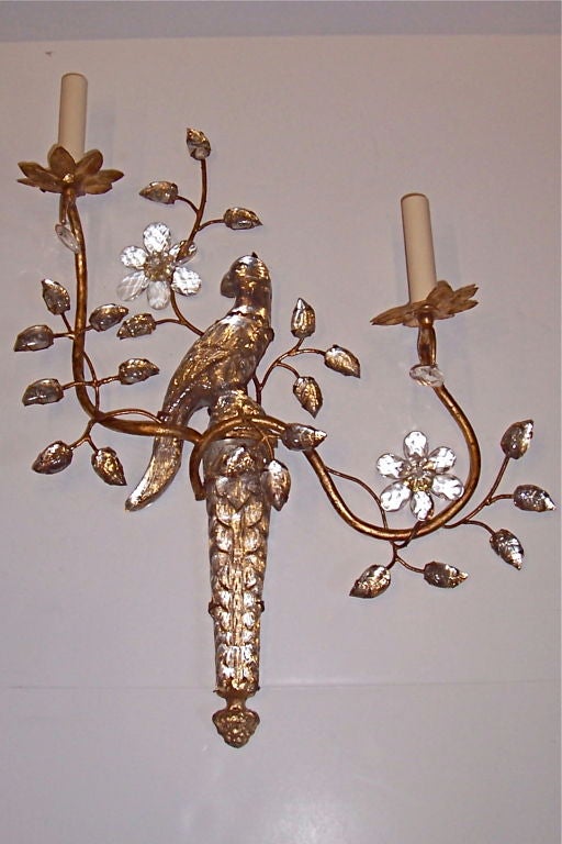 Mid-20th Century Set of French Gilt Metal Sconces with Glass Birds, Sold Per Pair For Sale