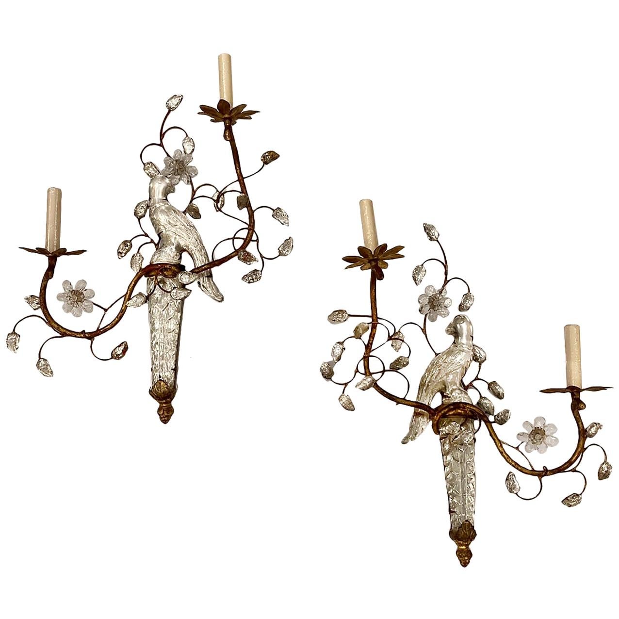 Set of French Gilt Metal Sconces with Glass Birds, Sold Per Pair For Sale