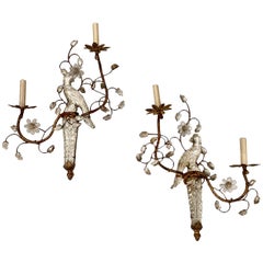 Set of French Gilt Metal Sconces with Glass Birds, Sold Per Pair