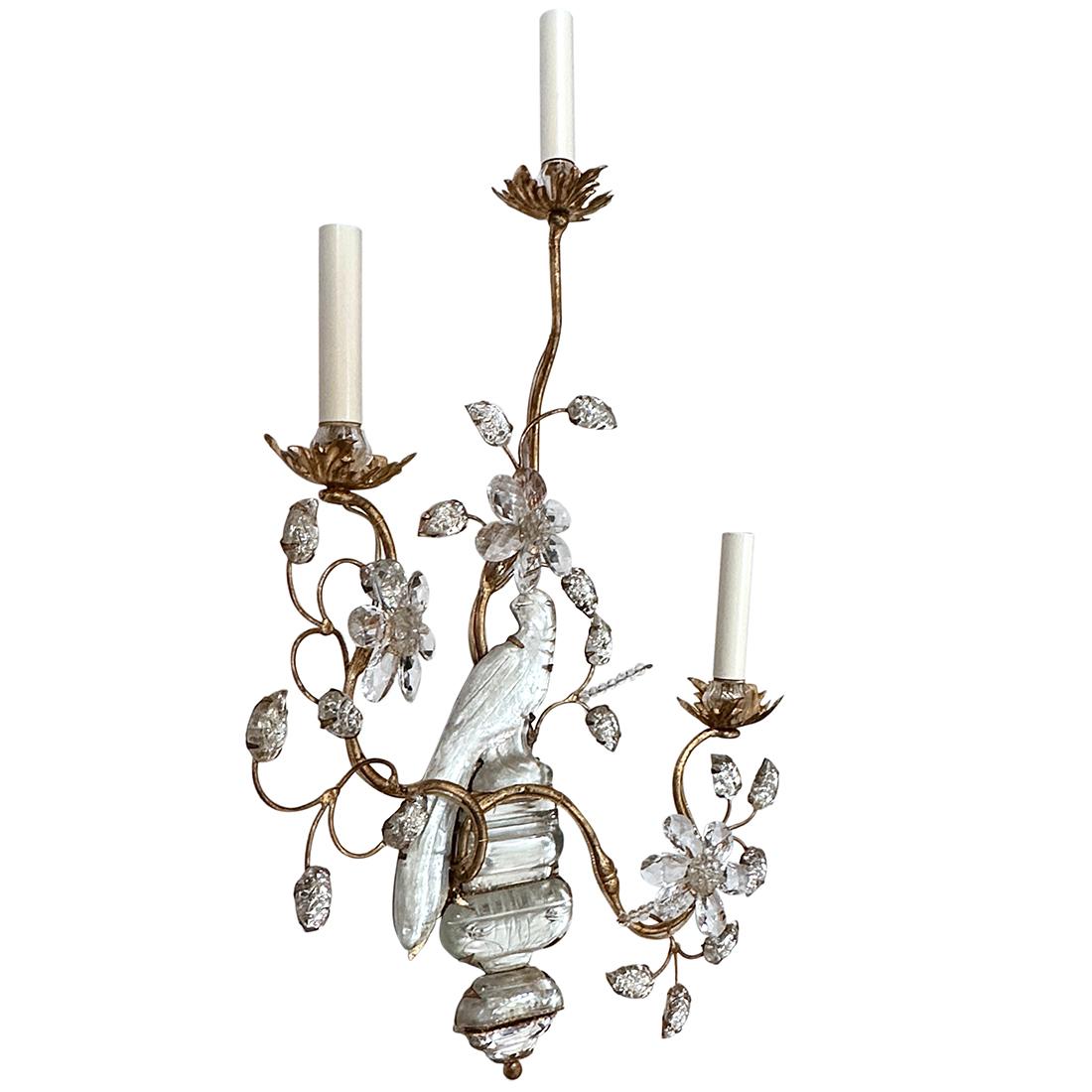 Set of 4 French circa 1950's gilt metal sconces with molded glass birds and leaves and with crystal flowers. Sold per pair.

Measurements:
Height: 27