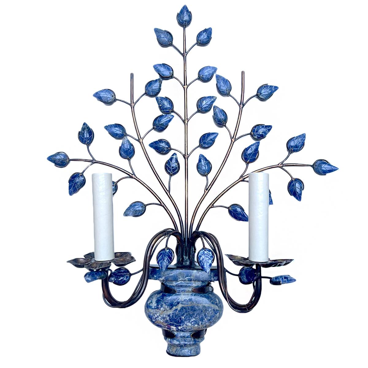 A set of four circa 1950's foliage motif sconces with lapis lazuli leaves. Sold per pair.

Measurements:
Height: 20