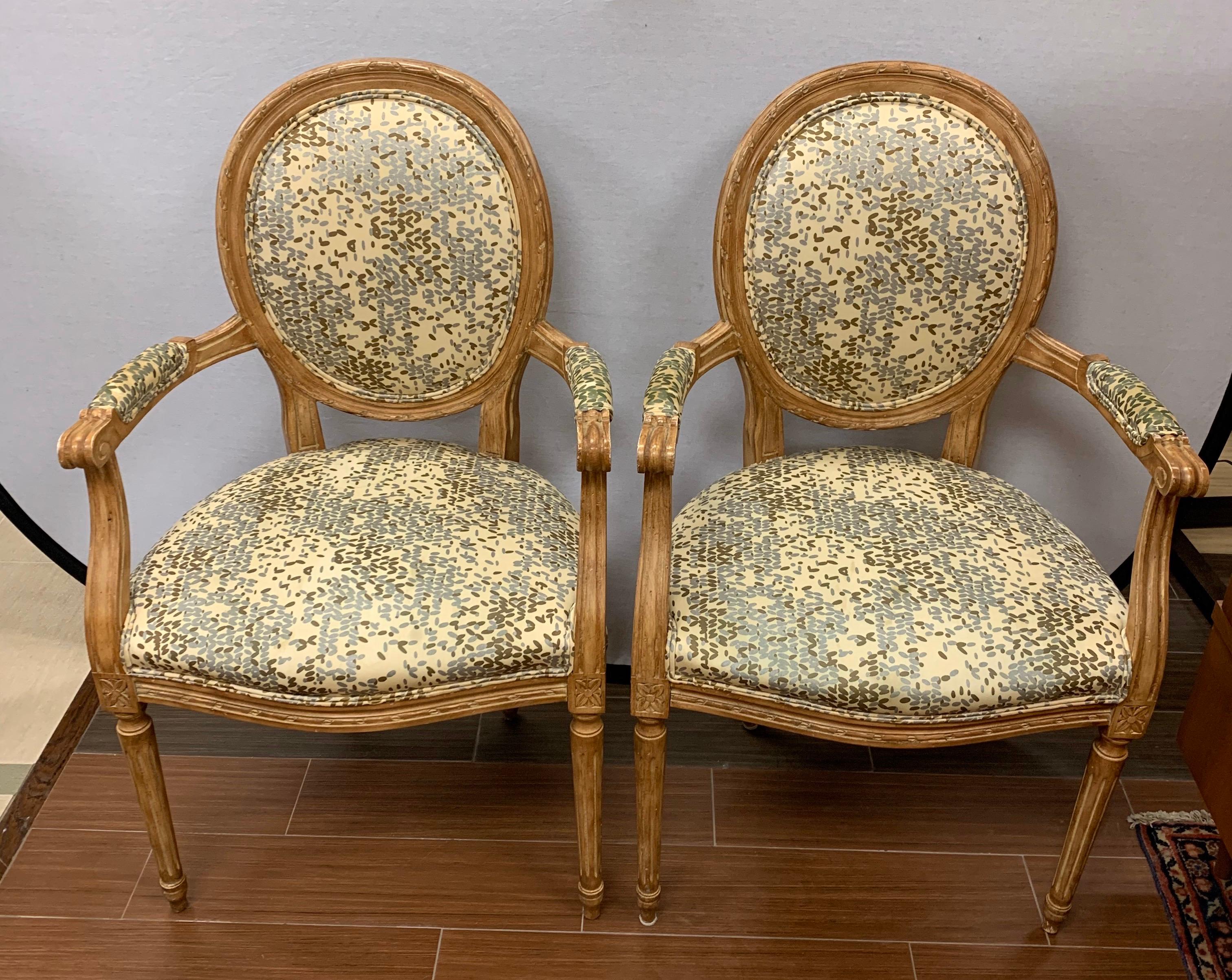 Set of French Louis XVI Carved Oval Back Fruitwood Armchairs with Kravet Fabric 9
