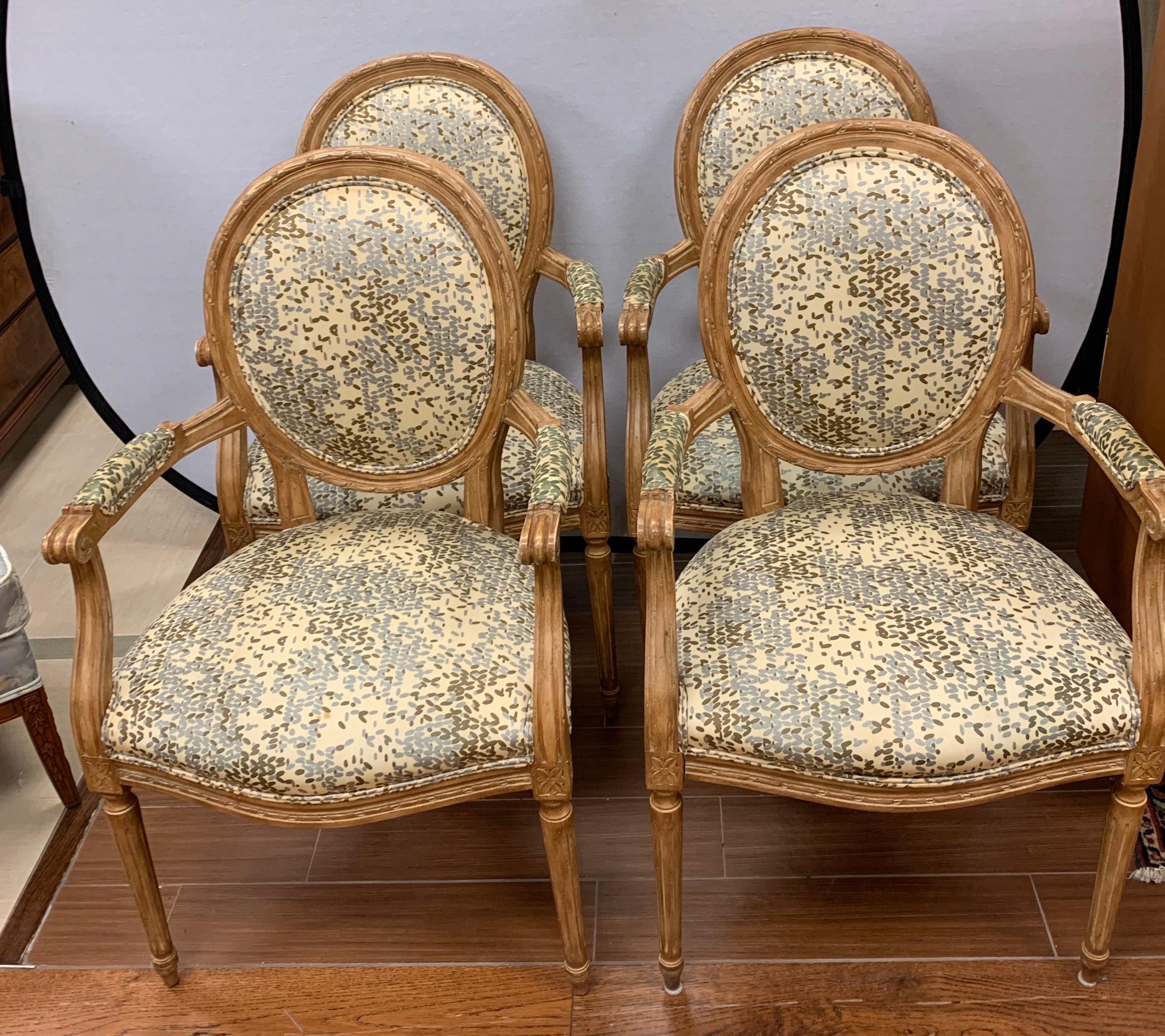Set of French Louis XVI Carved Oval Back Fruitwood Armchairs with Kravet Fabric In Good Condition In West Hartford, CT