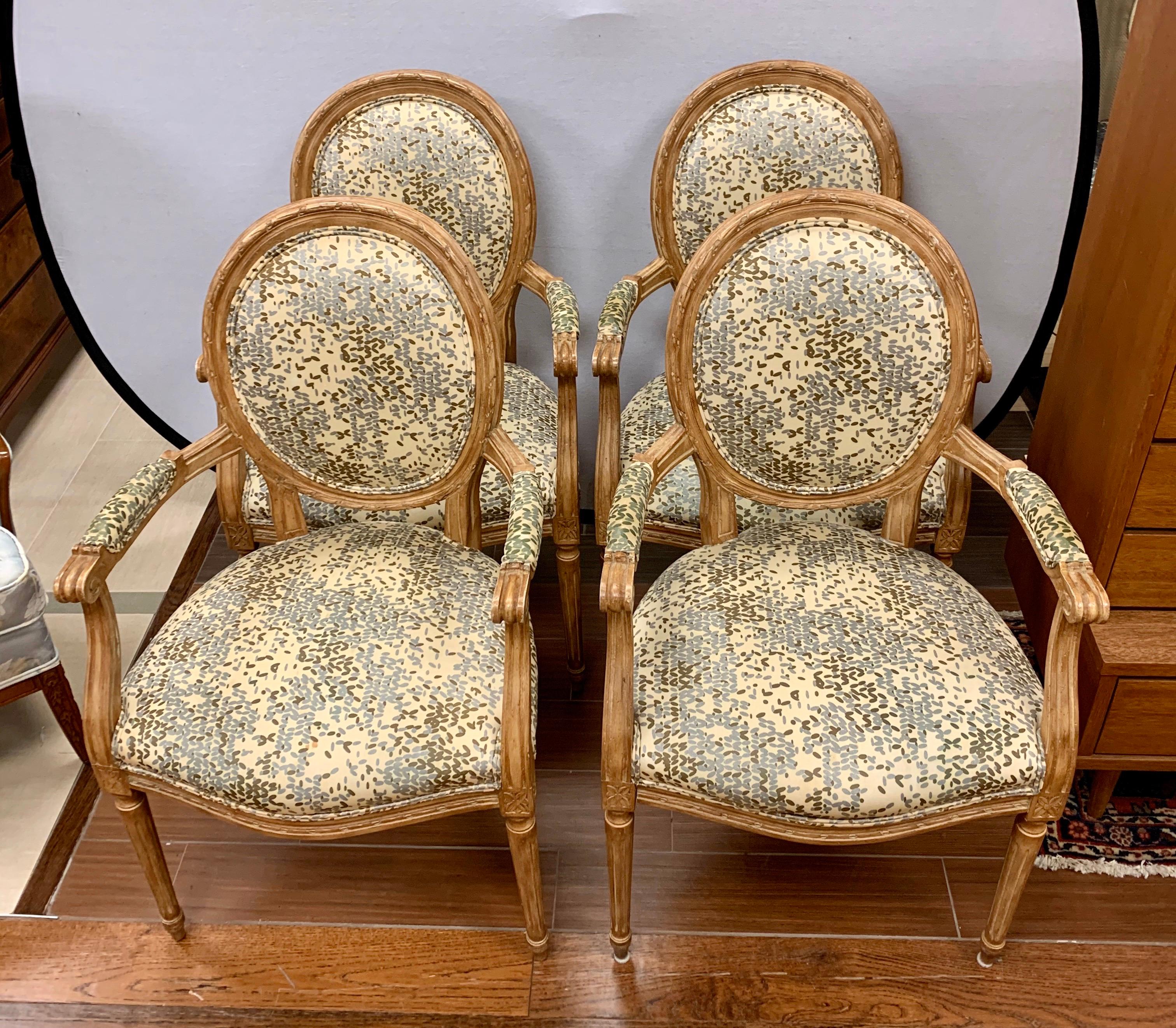 20th Century Set of French Louis XVI Carved Oval Back Fruitwood Armchairs with Kravet Fabric