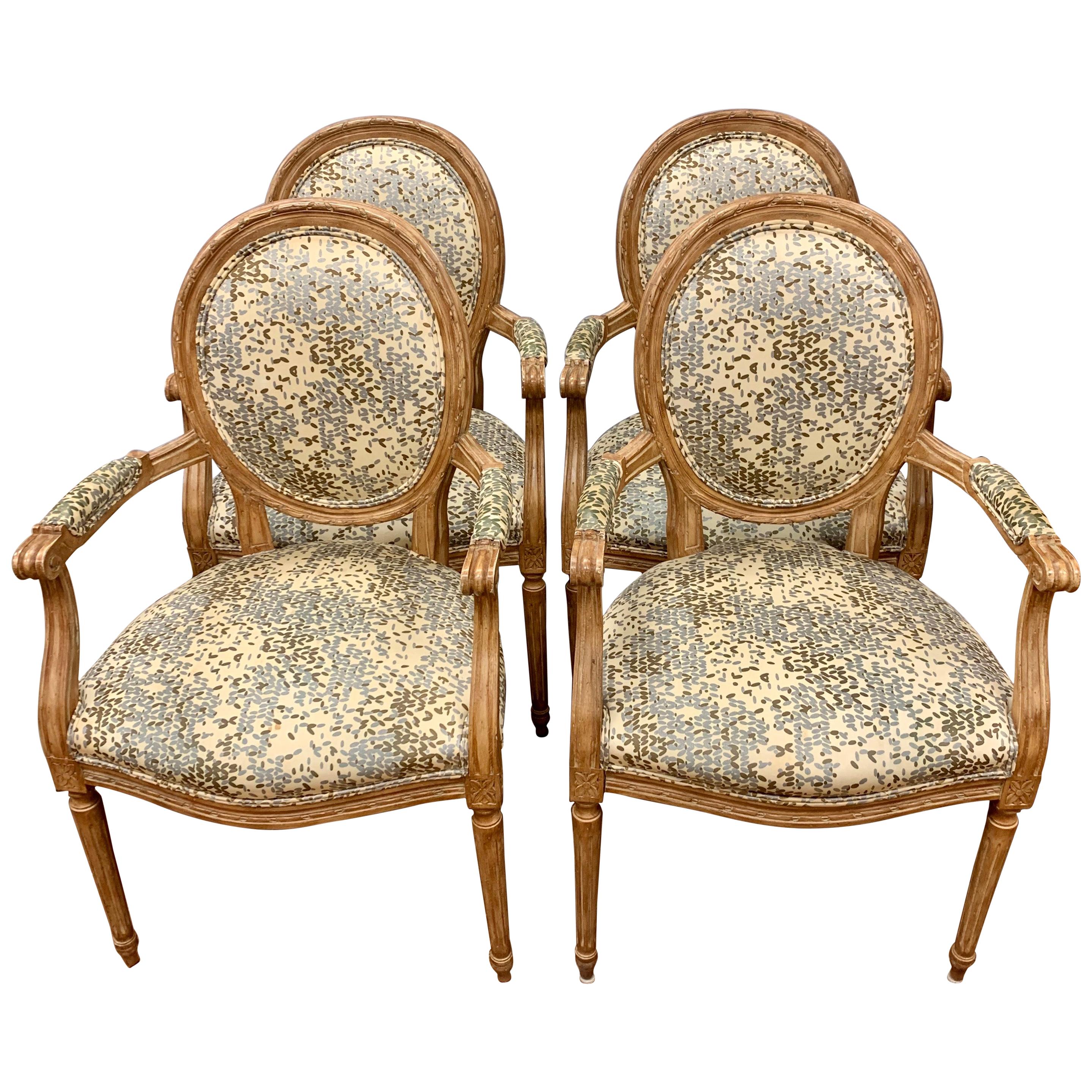 Set of French Louis XVI Carved Oval Back Fruitwood Armchairs with Kravet Fabric
