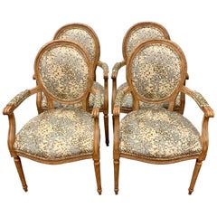 Vintage Set of French Louis XVI Carved Oval Back Fruitwood Armchairs with Kravet Fabric