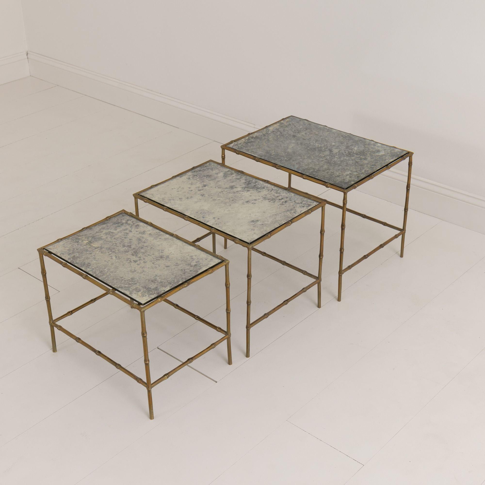 Set of French Maison Baguès Faux Bamboo Bronze and Églomisé Nesting Tables For Sale 5
