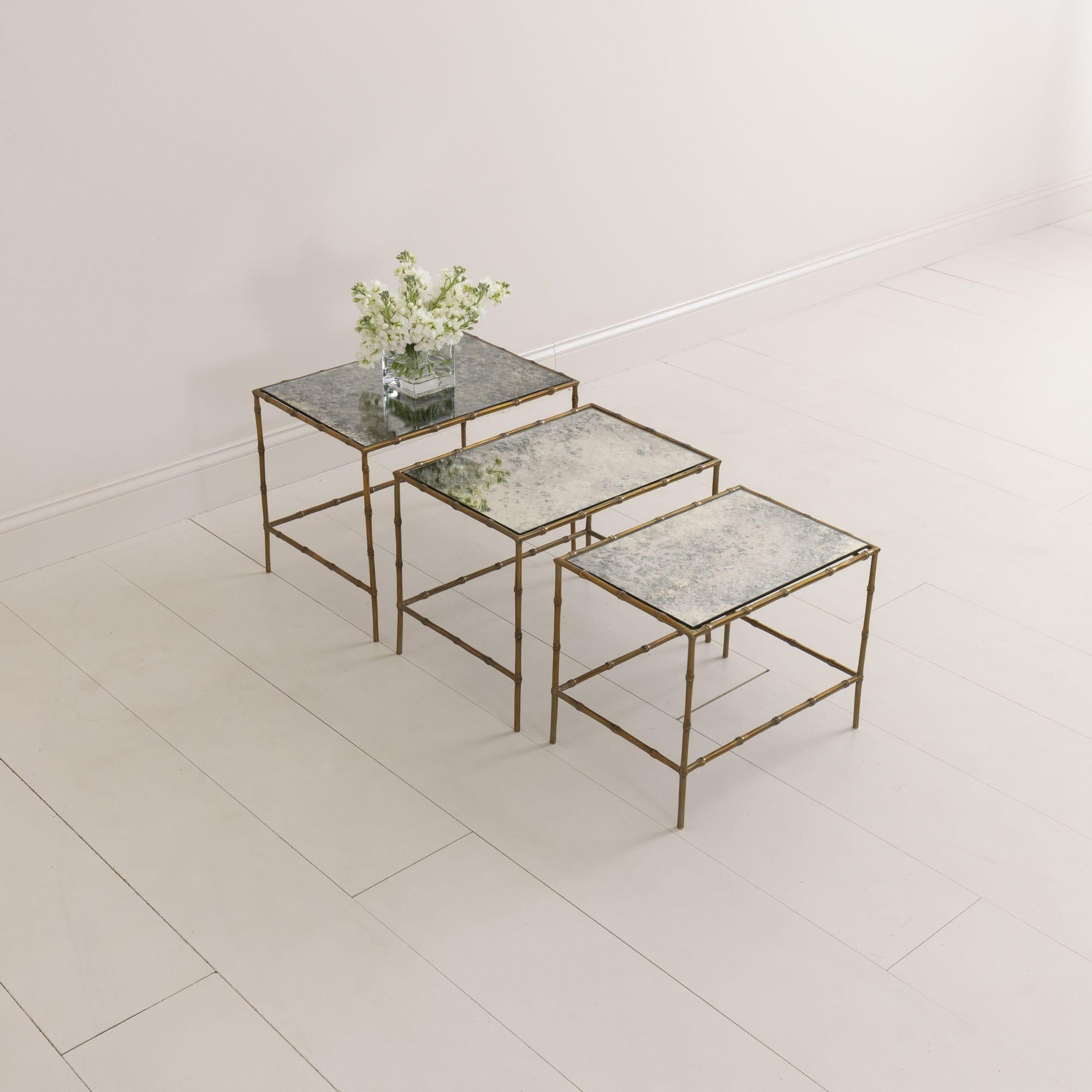 Set of French Maison Baguès Faux Bamboo Bronze and Églomisé Nesting Tables For Sale 3