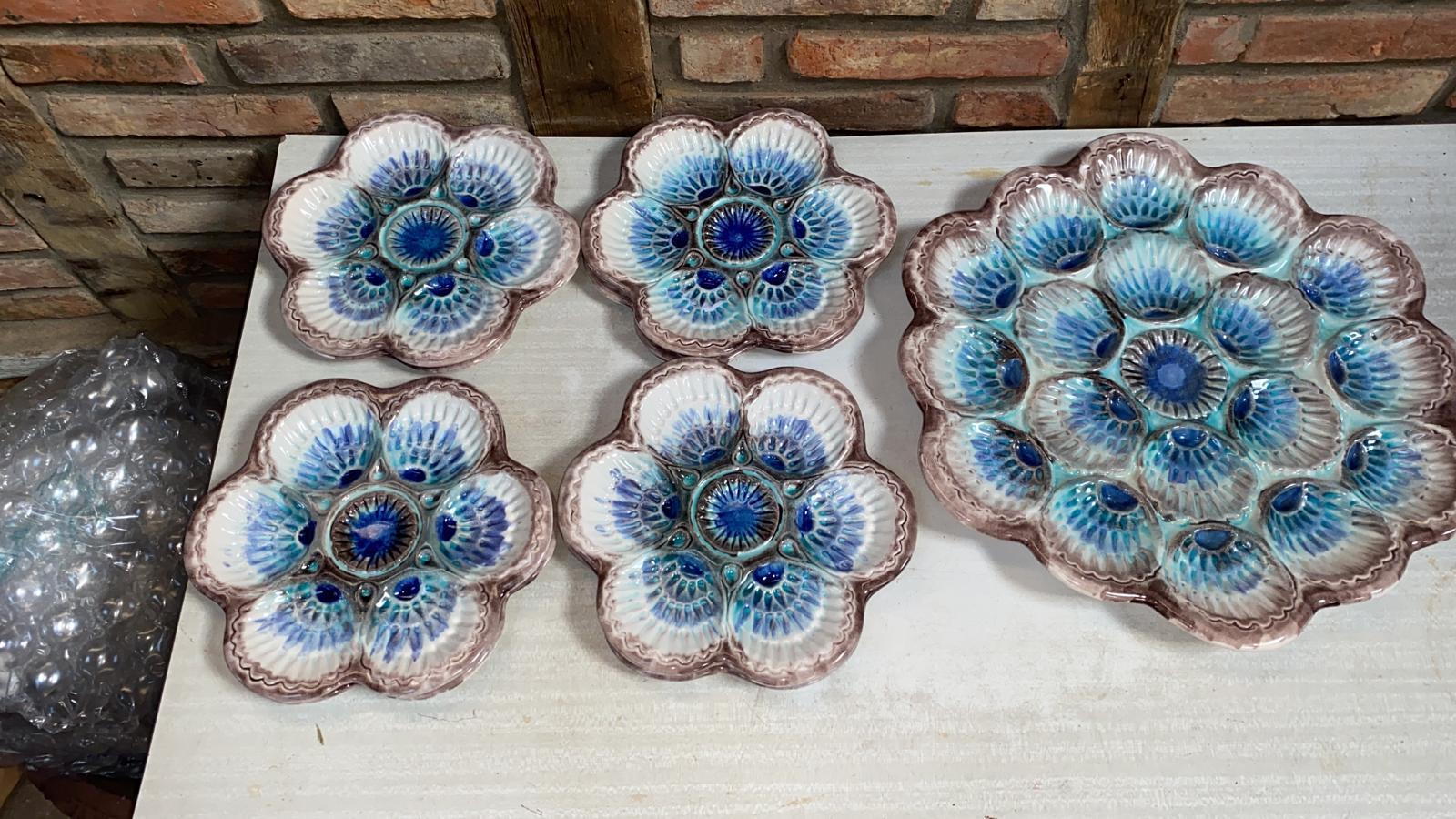 Set of French Majolica Oyster Plates & Platter Marcel Guillot, circa 1950 For Sale 3