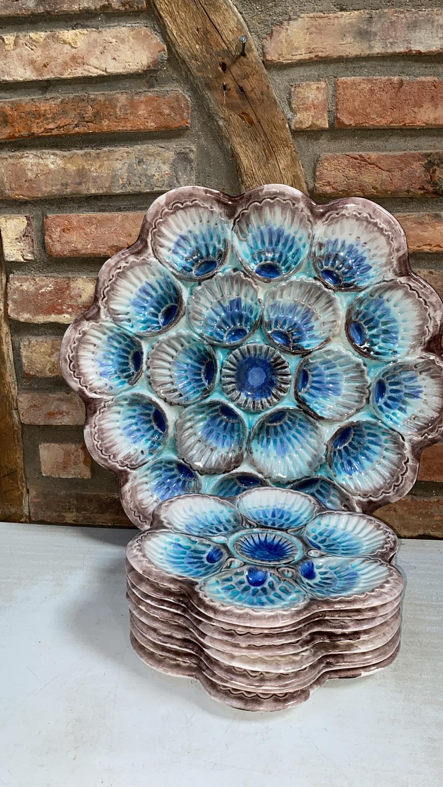 Set of French Majolica Oyster Plates & Platter Marcel Guillot, circa 1950 For Sale 5