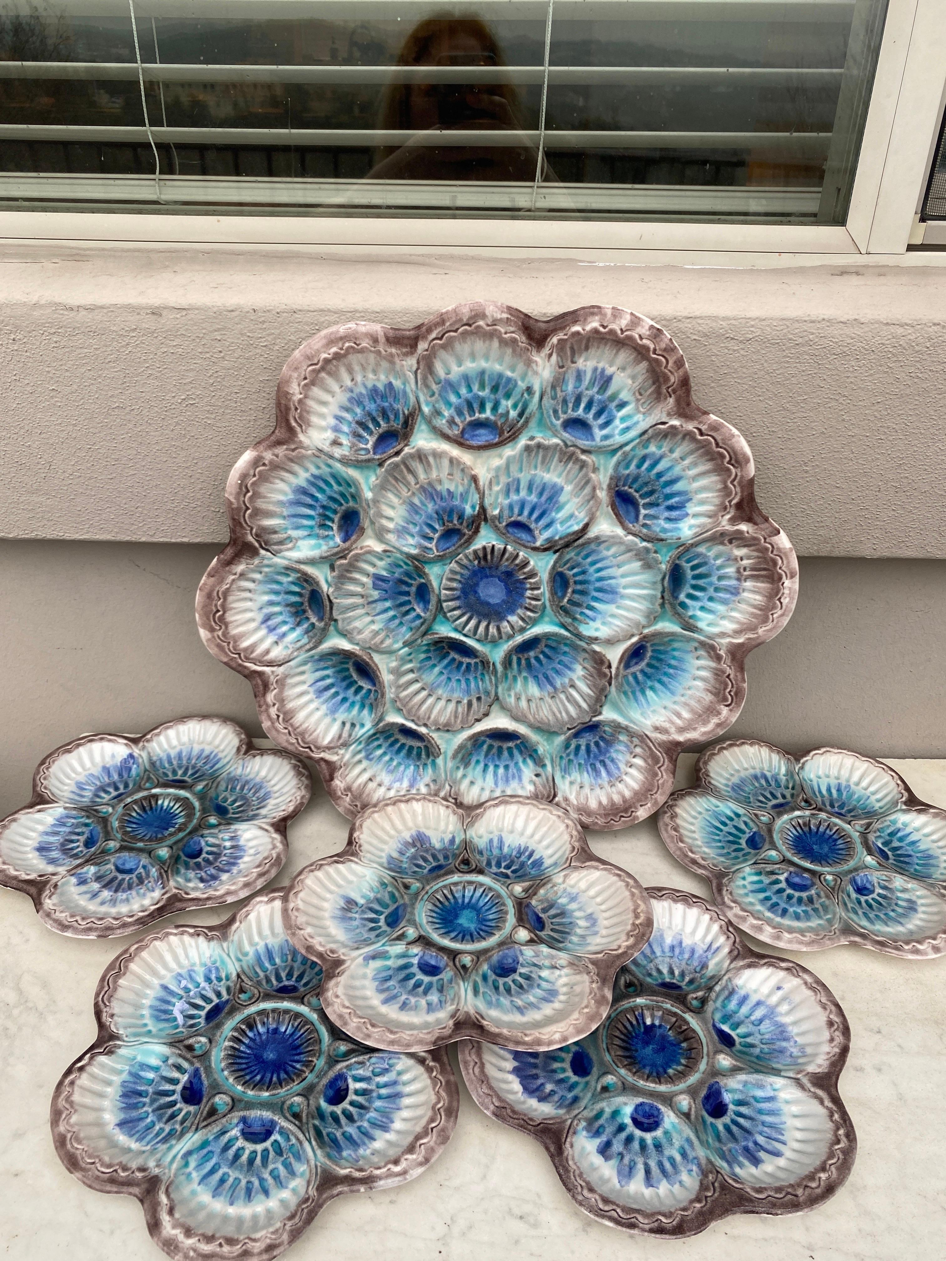 Ceramic Set of French Majolica Oyster Plates & Platter Marcel Guillot, circa 1950 For Sale