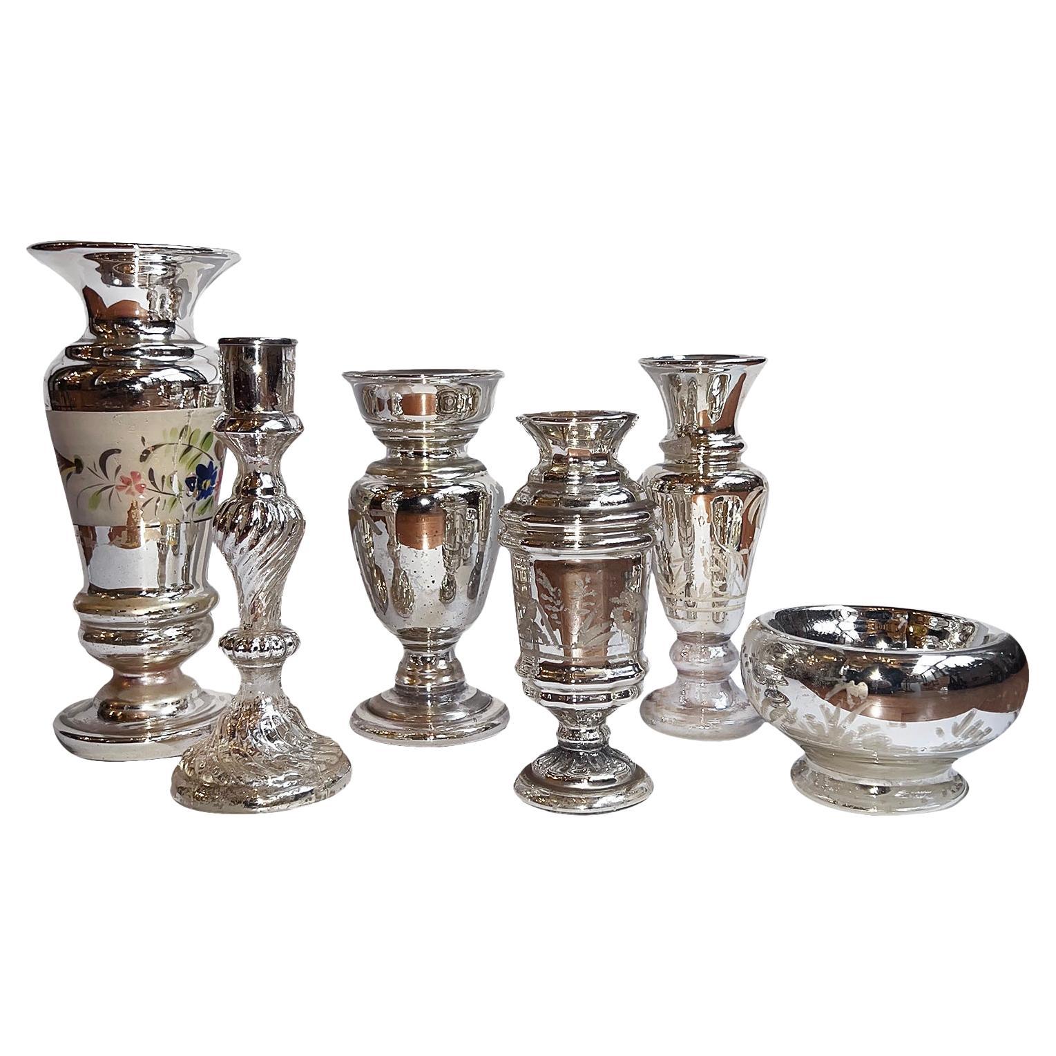 Set of French Mercury Glass Objects, Sold as Set For Sale