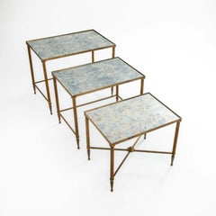 Set of French Mid-Centruy Neoclassical Brass and Mirrored Glass Nessting tables