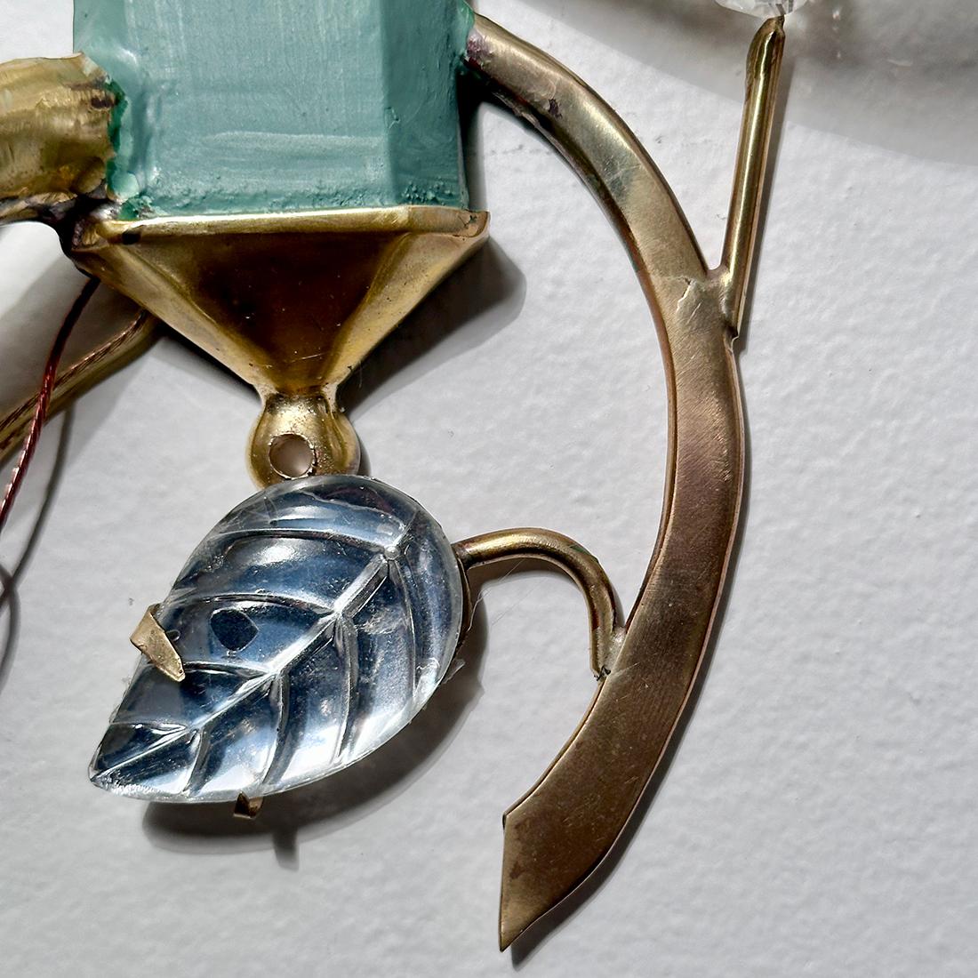 Set of 4 French Midcentury Sconces with Molded Glass Leaves, Sold in Pairs In Good Condition For Sale In New York, NY