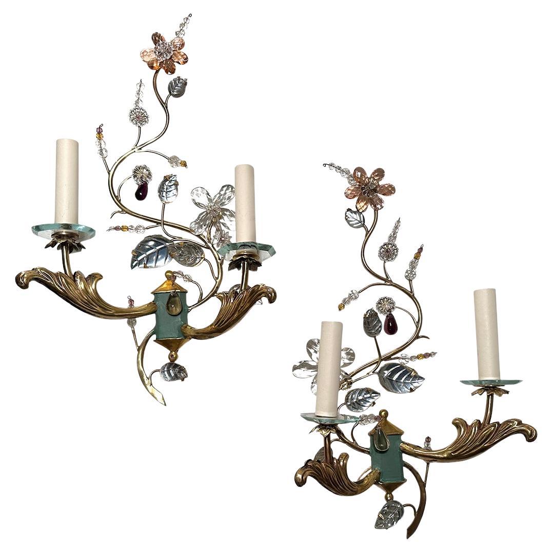 Set of 4 French Midcentury Sconces with Molded Glass Leaves, Sold in Pairs For Sale
