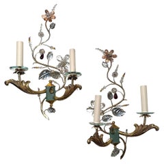 Set of 4 French Midcentury Sconces with Molded Glass Leaves, Sold in Pairs