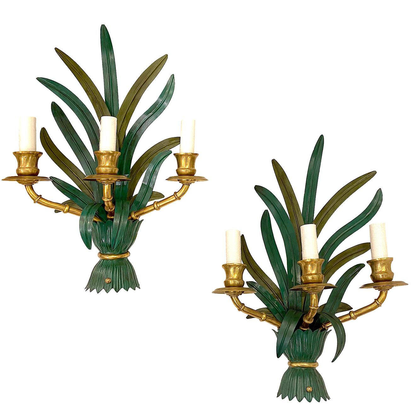 Set of French Midcentury Tole and Bronze Sconces, Sold Per Pair For Sale