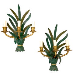 Vintage Set of French Midcentury Tole and Bronze Sconces, Sold Per Pair