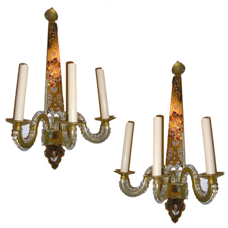 Set of eight French circa 1930's gilt metal three-light mirror back sconces with crystal beads on body and molded glass details. Sold per pair.

Measurements:
Height: 22