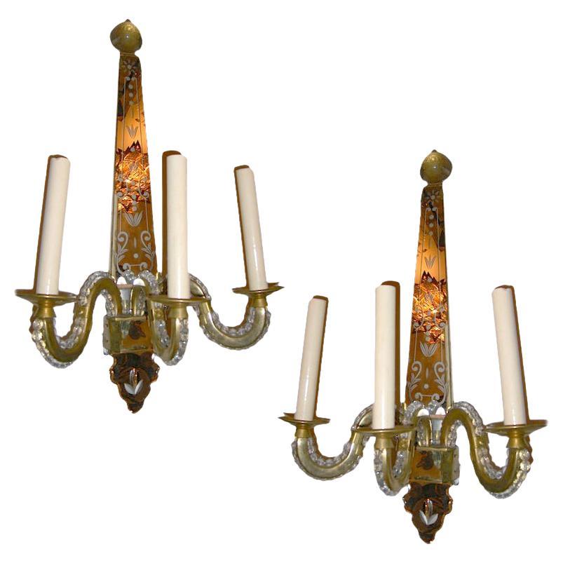 Set of French Moderne Mirrored Sconces, Sold Per Pair For Sale