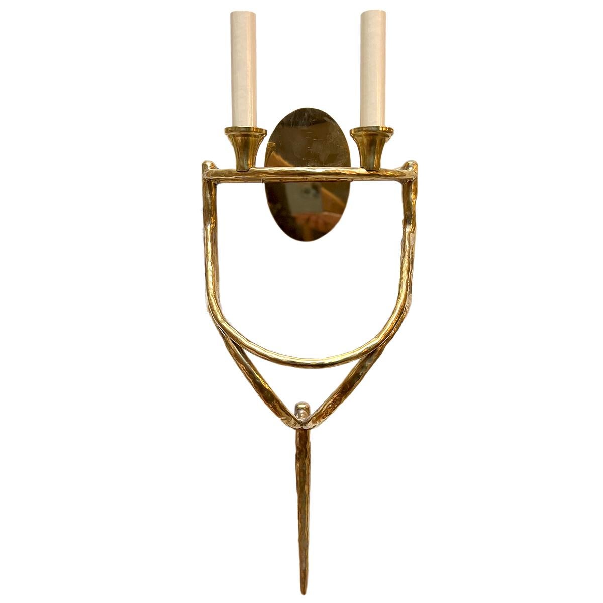 Set of six circa 1950s French polished bronze moderne style two-light bronze sconces, in original patina. Custom Bronze Shades available separately.

Measurements:
Height 22