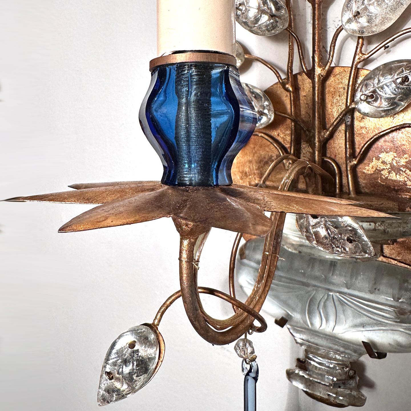 Gilt Set of French Molded Glass and Blue Drop Sconces, Sold per Pair For Sale