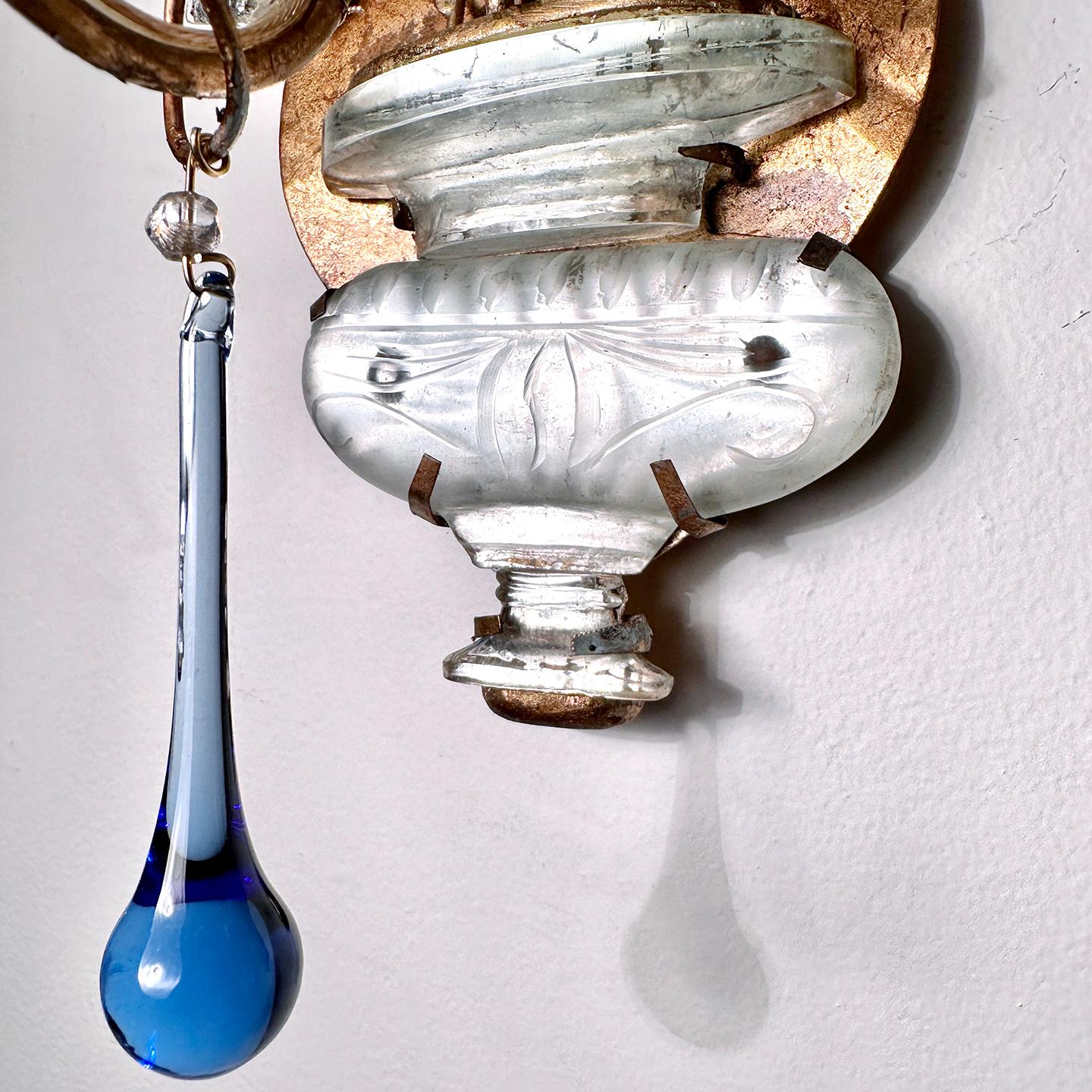 Set of French Molded Glass and Blue Drop Sconces, Sold per Pair In Good Condition For Sale In New York, NY
