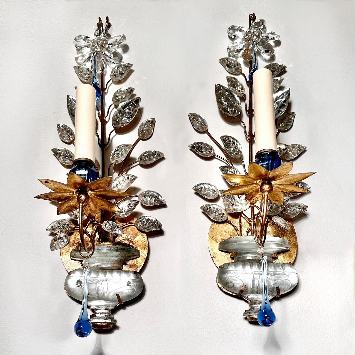 Mid-20th Century Set of French Molded Glass and Blue Drop Sconces, Sold per Pair For Sale